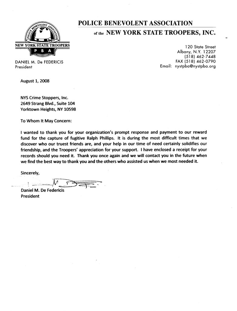 Letter of thanks of 1 August 2008 from Daniel De Federicis, president of the Police Benevolent Association of the New York State Troopers, Inc., to New York State Crime Stoppers, Inc.